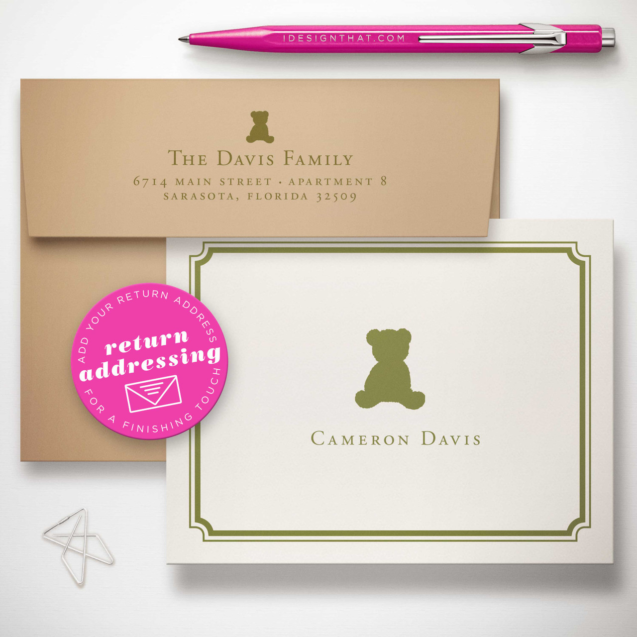 Custom folded baby notecard set with return address printing – stylish gift for new parents or baby showers